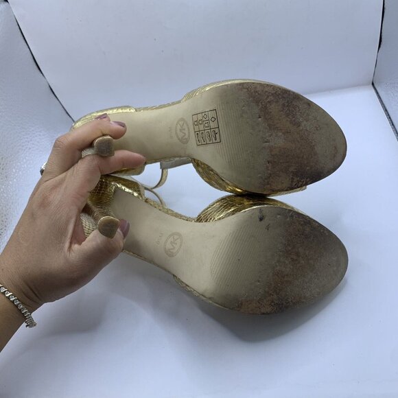 Michael Kors Brenna T Strap Peep Toe Sandal metallic gold High Heels Sz 9.5M E2 - Picture 6 of 7